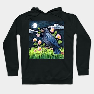 watercolor floral crow out at night Hoodie